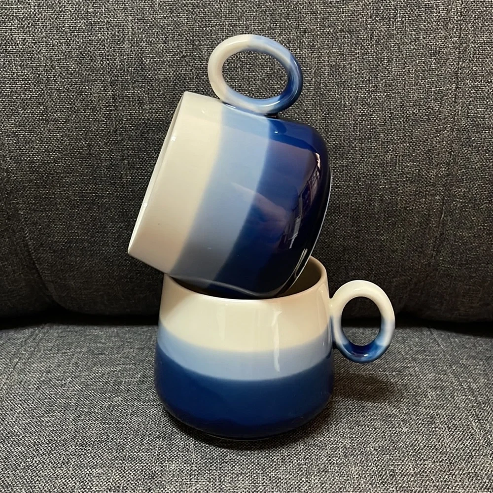 Crate & Barrel Blue Stripped Teapot and Cups Set